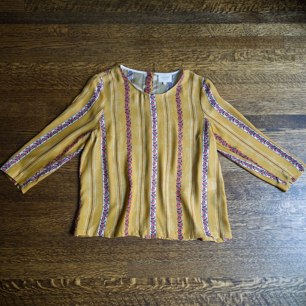 Sezane Floral Stripe Silk Blouse, Long Sleeve 100% Silk Top